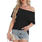 Eniloyal Womens Off Shoulder Button Down Tops Summer Trendy Short Sleeve Loose Batwing Shirts Oversized Blouse Tunic