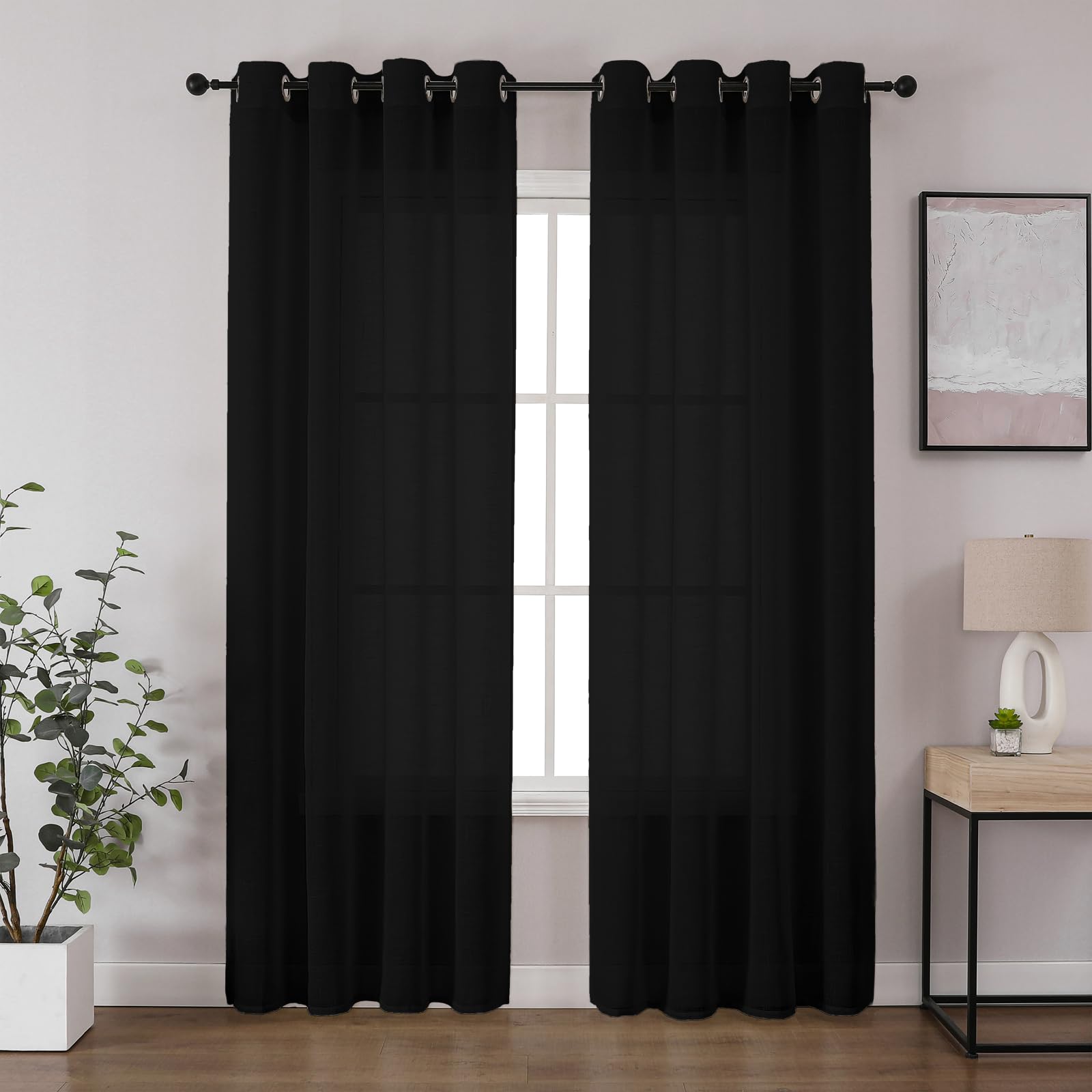CUCRAF Voile Curtains Black 95 Inch Drop 2 Panels with Eyelet Linen Net Curtains for Windows Sheer Curtains for Bedroom Kitchen Dormitory Home Decoration