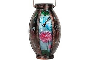 OUISJYER Solar Lanterns Outdoor, Dragonfly Solar Lanterns Stained Glass & Metal Solar Powered Lantern with Hollowed-Out Design Hanging Waterproof Solar Light Decor (5.31" * 13.94")