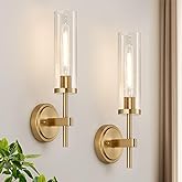 MOKATNG Wall Sconces Set of Two, Brushed Gold Bathroom Sconces with Clear Glass, Hardwired Sconces Wall Decor Set of 2, Moder