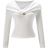 winkbay Women's Elegant V Neck Long Sleeve T Shirts Rhinestone Decor Fitted Ribbed Knit Dressy Casual Tops