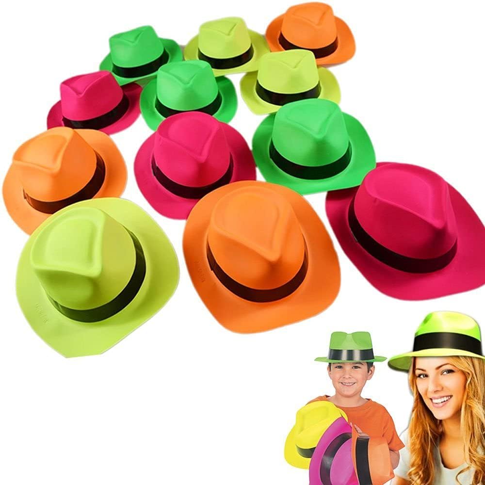 Neon Gangster Hats 24 Assorted Colors Plastic Fedora Dress Up Party Favor Hats Holiday Costume Accessory: Clothing