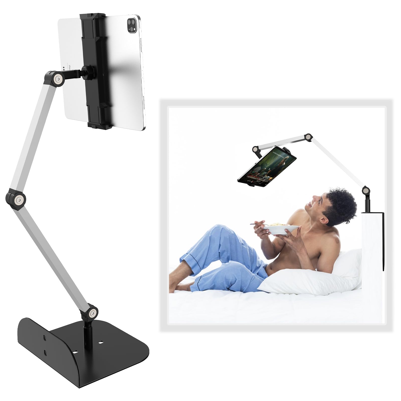 Photo 1 of WEGASTU Phone and Tablet Holder for Bed,Sofa and Desk Dual Use-Weight Base, Adjustable Arm Stretchable Stand, Compatible with IPad Mini Air Pro, Galaxy Tab, Kindle, Switch, Phone - Silver