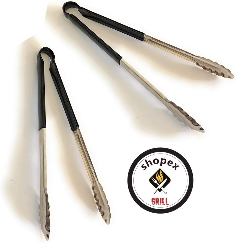 Extra Long Handle Stainless Steel Black Scalloped Coated Handle 2 Shopex Grill Tongs BBQ Kitchen