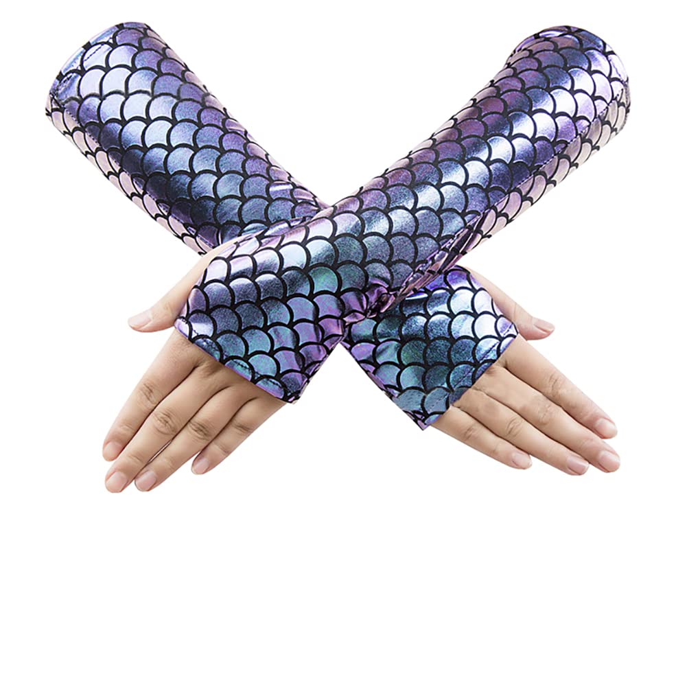 JIHUOO Shiny Mermaid Scale Fingerless Gloves - Fish Scale Arm Sleeves for Rave Party, Halloween Cosplay Costume Accessories - Hologram Purple — image 1