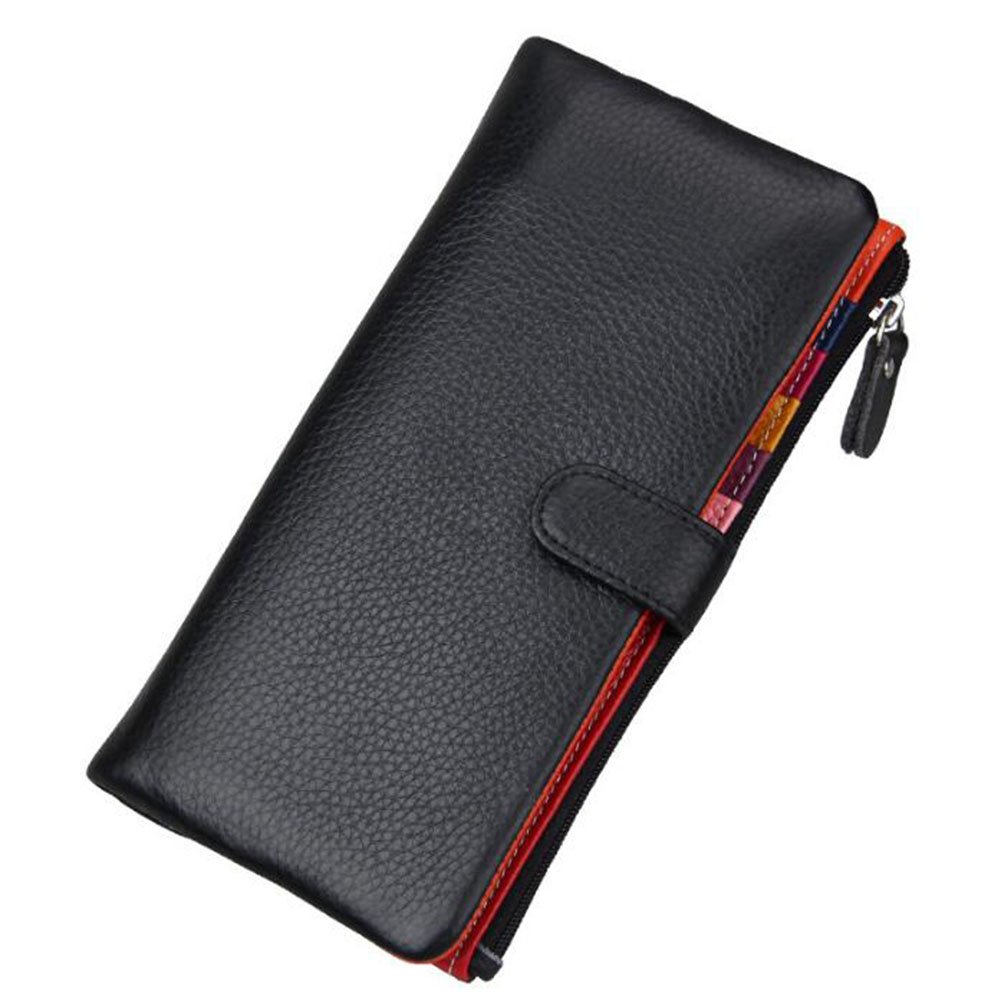 AprinCtempsD Women's Wallet Genuine Leather Ladies Clutch Colorful Purse Long Credit Card Organizer Large Capacity with Zipper (Black)