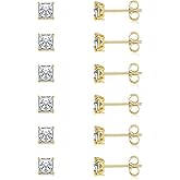 Stud Earring Set for Women Men 18K Yellow/White Gold Plated Princess Cut 4 Prong Graduated Square Clear Cubic Zirconia Pakc of 6 Pairs 3-7mm