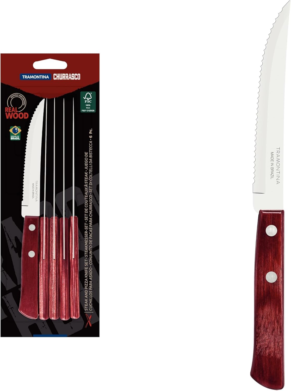Tramontina 6 Piece Steak/Pizza Steak Knives, Red Colour, Sharp Steak Knives with Wooden Handles, ‎Camping, Kitchen, Rustic, Dishwasher Safe, 5-Inches, 29899154