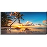 Aibonnly Wall Art Canvas Painting Sunset on a Tropical Beach with Palm Trees 1 Piece Blue Sky Ocean Seaview Picture Poster Print Framed and Stretched Ready to Hang for Living Room Bedroom Office