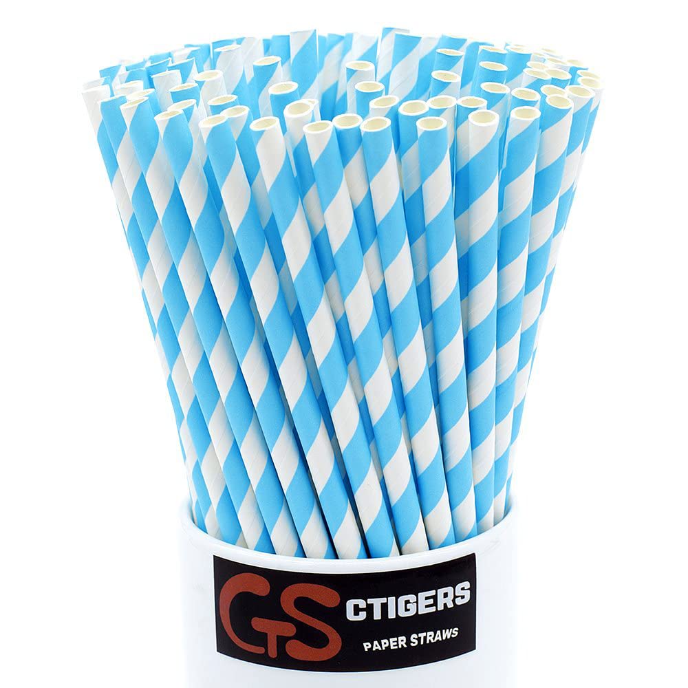 Light Blue Striped Drinking Paper Straws for Birthday Party Wedding Baby Shower Biodegradable Straw Box of 100