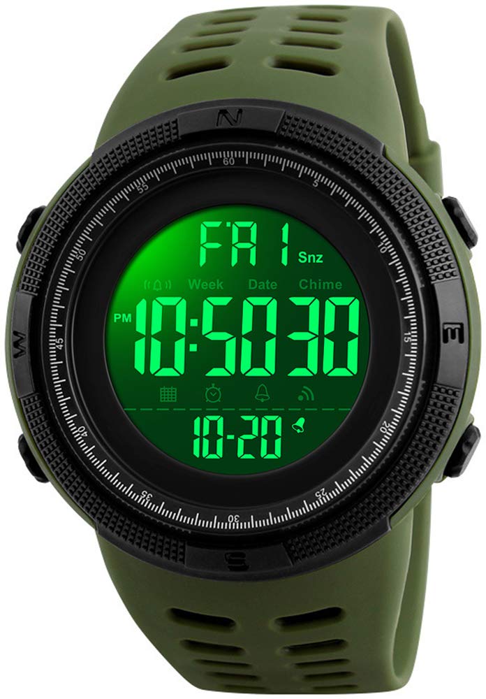 FANMIS Mens Digital LED Sports Watch Military Multifunction 12H/24H Time Dual Time Alarm Countdown Back Light with Simple Design 164FT 50M Water Resistant Calendar Month Date Day Watch, Green,