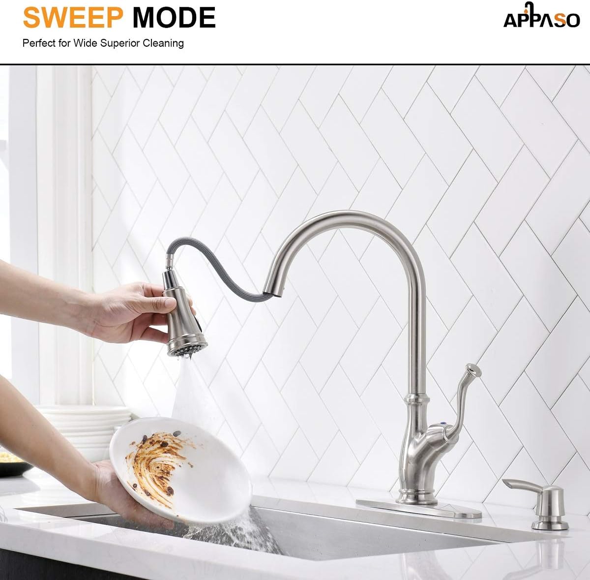 APPASO Pull Down Kitchen Faucet with Magnetic Docking Sprayer Brushed Nickel - Single Handle 1 Hole High Arc Pull Out Kitchen Sink Faucets with Soap Dispenser, 175BN - - 