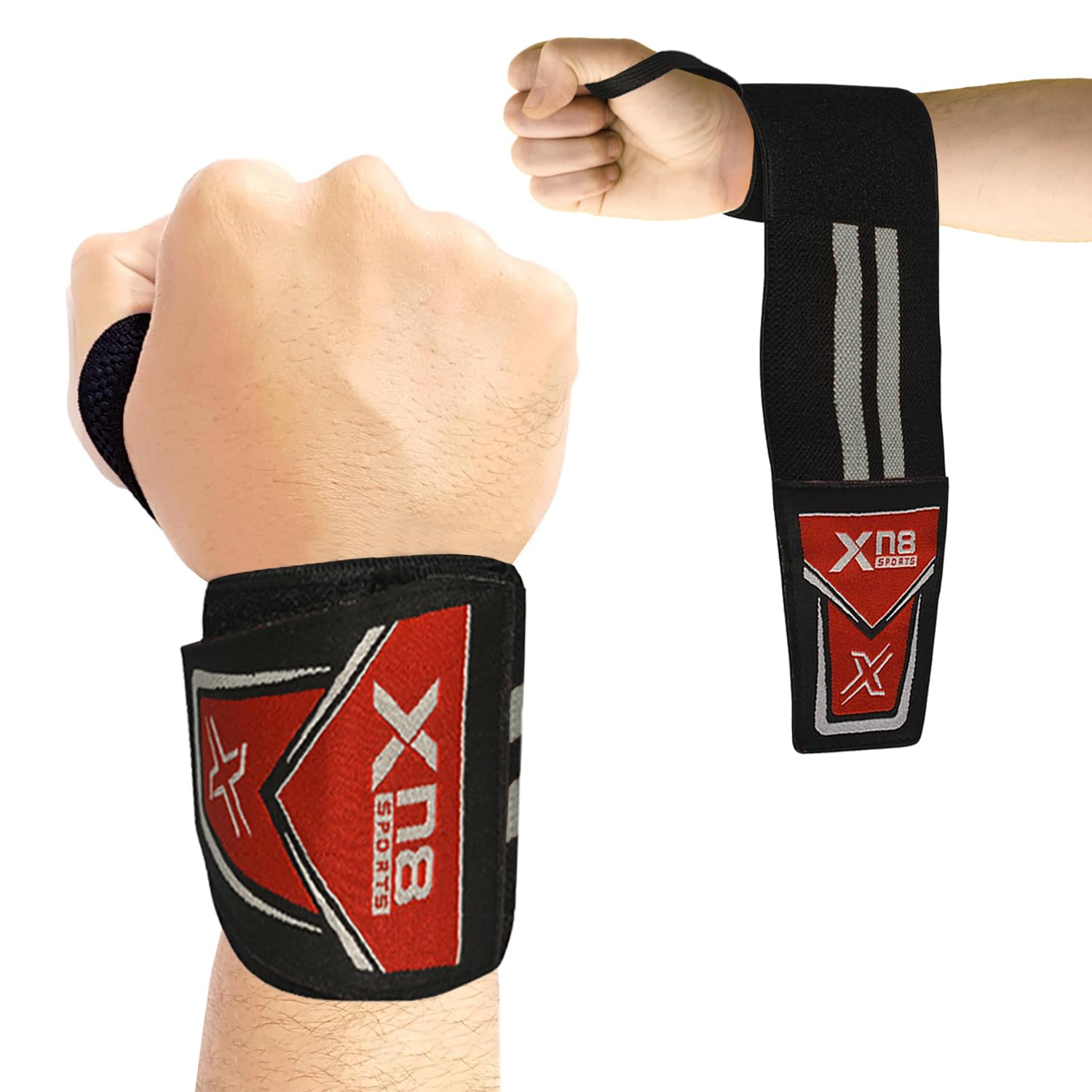 XN8 Wrist Support Wraps with Thumb Loop, Elasticated Straps for Weight Lifting Deadlift, Weight Lifting, Powerlifting, Bodybuilding, Gymnastics, Strength Training, Workout Black/White