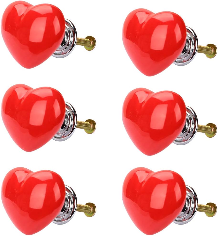sourcing map 6pcs Ceramic Knobs Drawer Heart Shaped Pull Handle Furniture Door Cabinet Cupboard Wardrobe Dresser Replacement Red