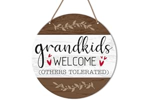 HSNBT Funny Welcome Sign for Front Door, GrandKids Welcome Others Tolerated, Funny Welcome Hanging Sign for Home Front Door Porch Rustic Wall Decorations Housewarming Gift for Grandma Grandparent