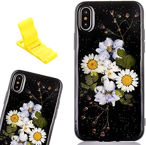 iPhone X Case, SXUUXB Beautiful Pressed Floral Soft Silicone Case Multi-color Flower Petal Transparent Jelly Design for Apple iPhone X 5.8" - Black 6 + 1 x Free Bracket (Color Random)