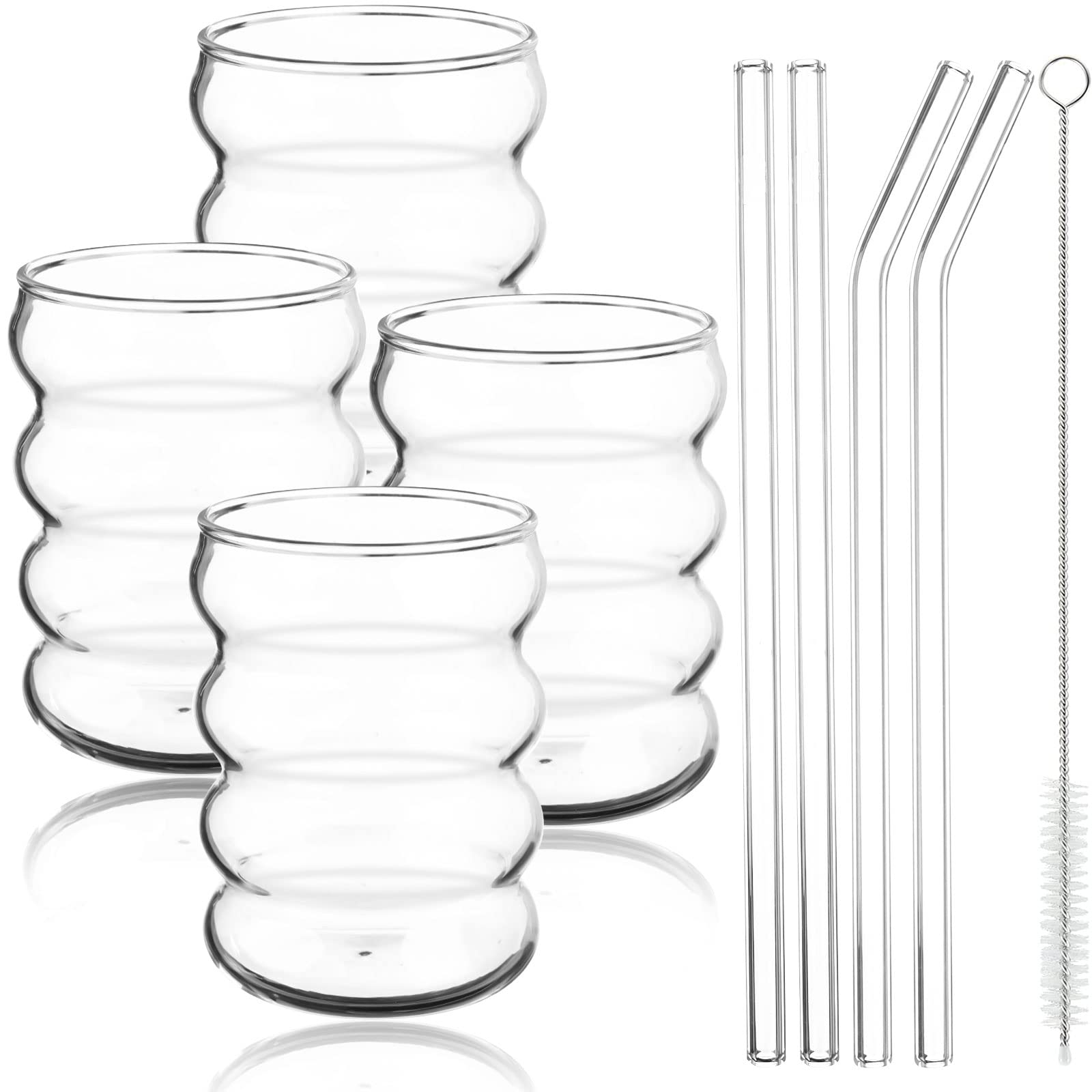SevenMye 4 Pack Creative Beer Glasses Cups Ripple Shaped Vintage Clear Drinking Glasses with Straws Set Cute Drinking Glasses Coffee Glasses Ribbed Glassware Aesthetic Cups for Kitchen Juice Beverage