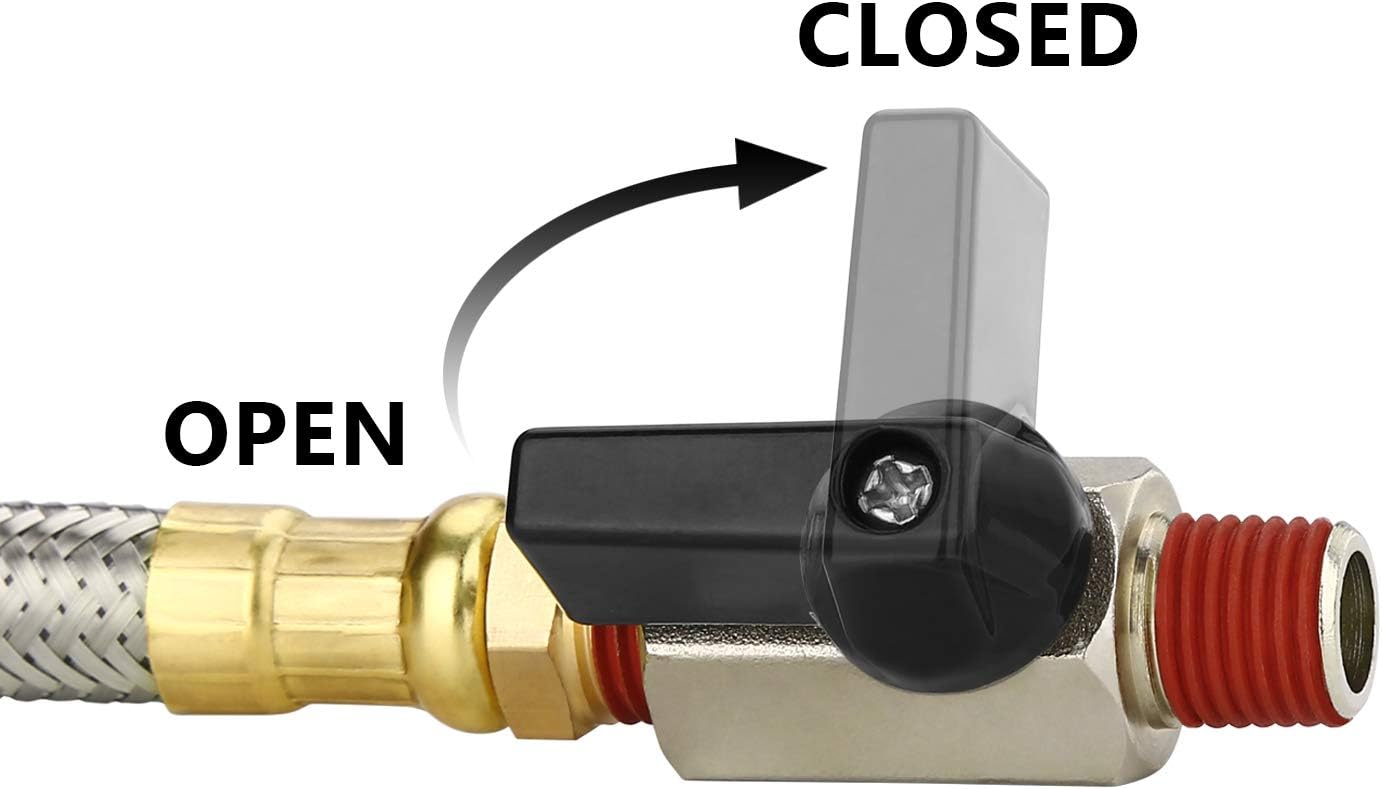 HK Extended Tank Drain Valve Assembly, 10 Inch Flexible Braided Steel Tube Air Compressor Tank Drain Hose 1/4 inch NPT, 90 Degree Brass Elbow Shut-Off Ball Valve, Pipe Fitting and Thread Seal Tape - - 