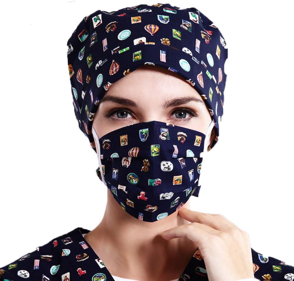 Cute Printed Scrub Caps Sets with Sweatband Surgical Hats Sets Doctor Nurse Working Hats Uniform Cap for Women Men