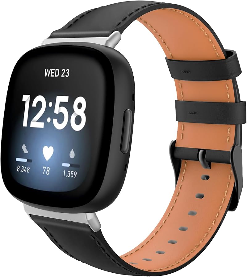 TiMOVO Black Leather Strap for Fitbit Versa 4 3 Sense 2 1 Wristband Classic