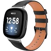 TiMOVO Leather Band Compatible with Fitbit Versa 4/Versa 3/Sense 2/1, Black | Top Grain Genuine Classic Leather Replacement Wristbands Straps for Women Men