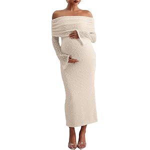 BLENCOT Womens Off Shoulder Flare Sleeve Split Bodycon Dress Textured Dot Maternity Dress for Baby Shower