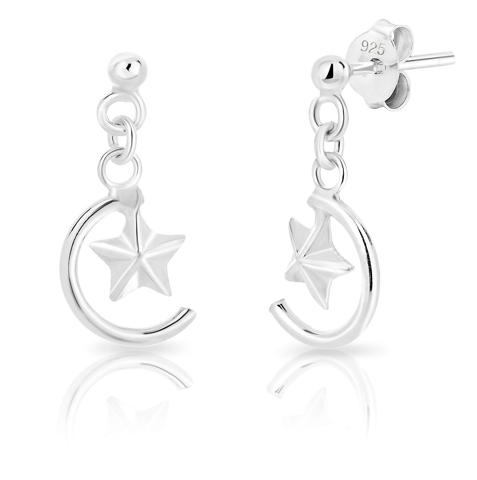 925 Sterling Silver Drop Star Earrings - Dangling Half Moon Earrings - Size: 8 x 23 mm