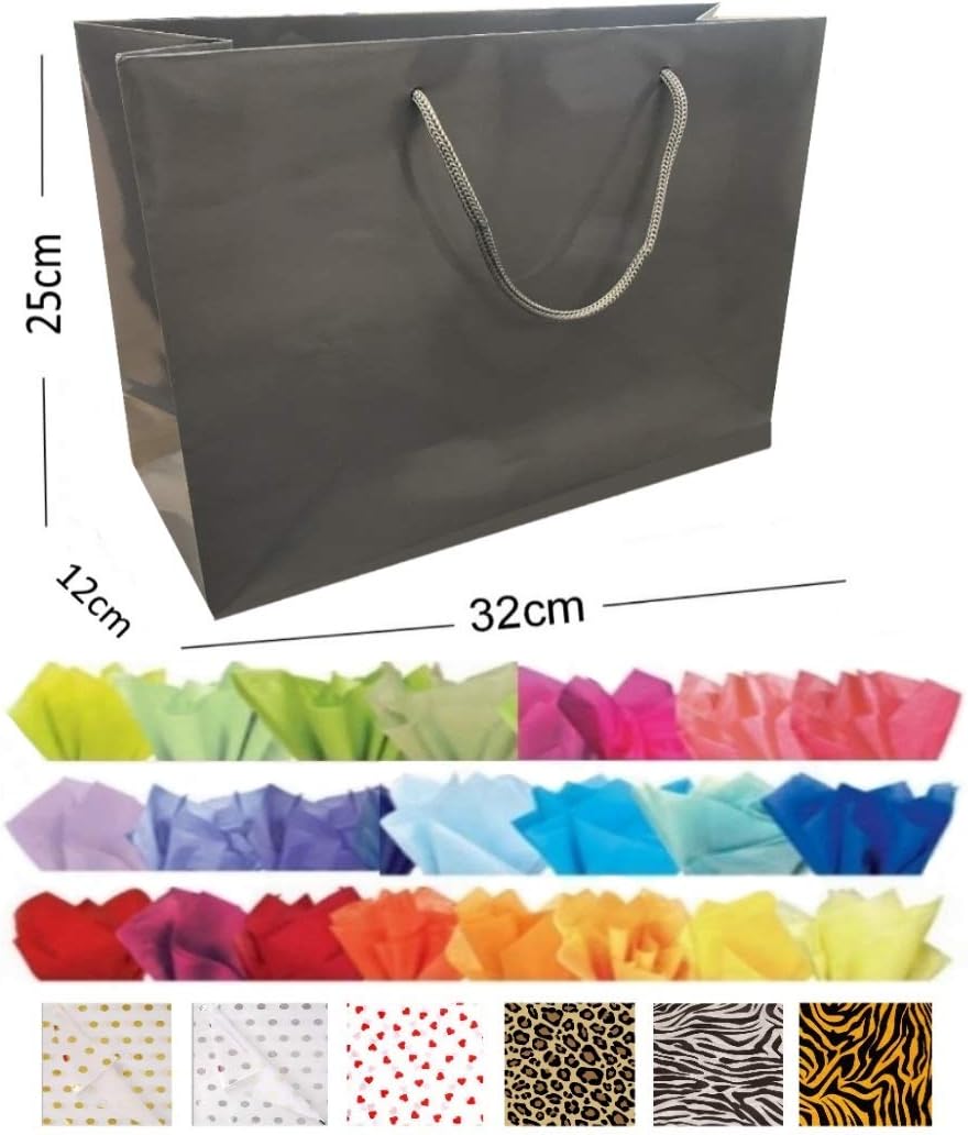 MustBeBonkers Grey Matt Laminated Landscape Boutique Shop Gift Bags - Strong Quality Bag & Tissue Paper (20 Bags, Light Blue Tissue)