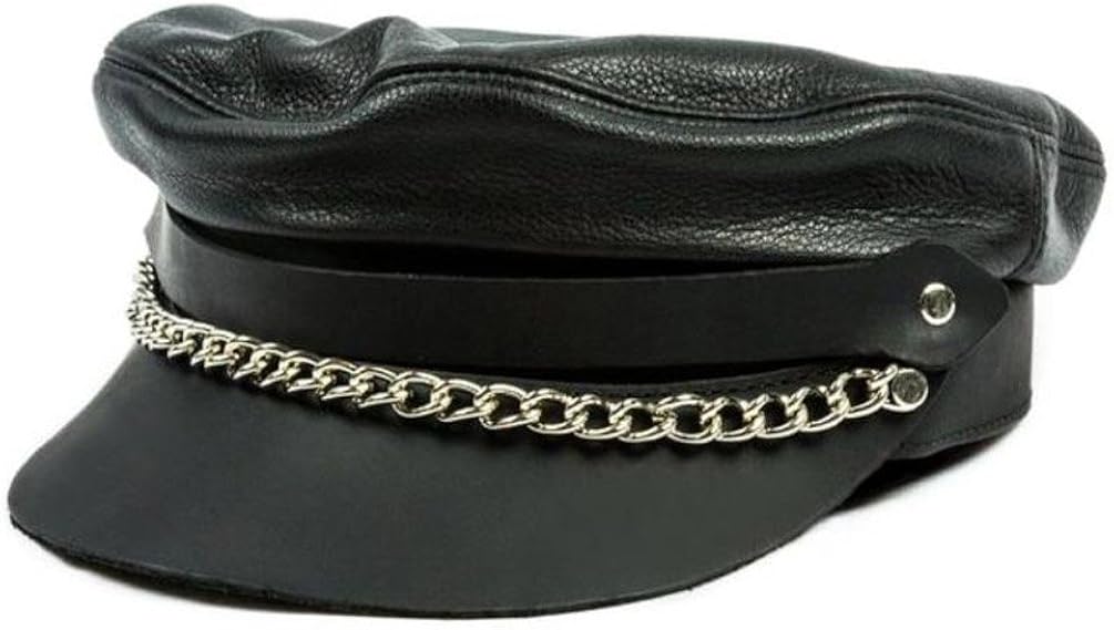 Mascorro Men’s Flat Top Genuine Leather Biker Cap with Chain, Black
