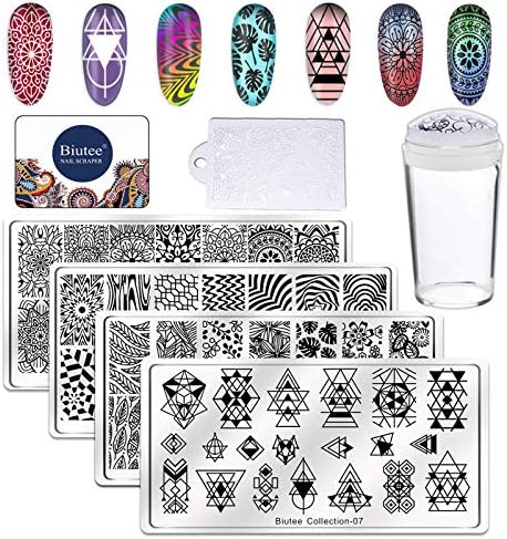 Biutee ネイルイメージプレートセット 4枚セット 1スタンプ 1スクレーパーネイルステンシル ネイルプレート スタンピングイメージプレート ネイルアートツール ネイルデザイン用品 長方形 花 幾何学模様 葉