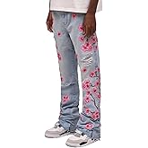 Men's Baggy Jeans Mid Rise Floral Embroidery Ripped Bootcut Jeans Straight Leg Denim Pants Hip Hop Streetwear Trousers