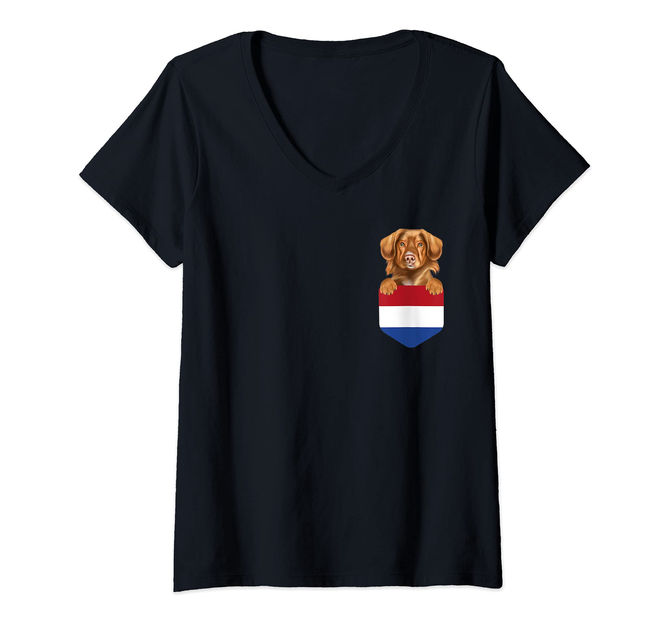 Womens Netherlands Flag Duck Tolling Retrievers Dog In Pocket V-Neck T-Shirt