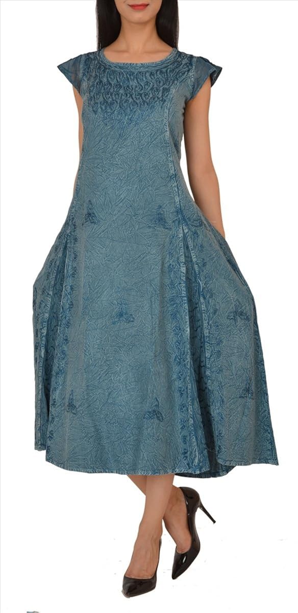 SnS Rayon Embroidered Long Dress Frock Stone Wash Casual Wear at Amazon