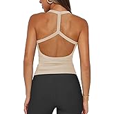 Hragc Halter Workout Tops for Women Racerback Ribbed Fitted Tank Tops Scoop Neck Split-Back Shirts for Yoga Athletic Sport
