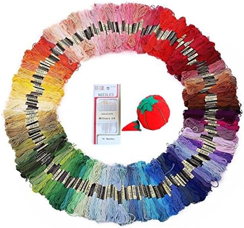 Sinsun 50 Skeins Rainbow Color Cross Stitch Floss - Soft Cotton - Multi Color Friendship Bracelets Floss - Cross Stitch Embroidery Needles - Crafts Floss
