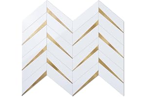 DICOFUN 10-Sheet Polished White Herringbone Peel and Stick Backsplash for Kitchen, PVC Mixed Metal Gold Chevron Stick on Backsplash Wall Tiles