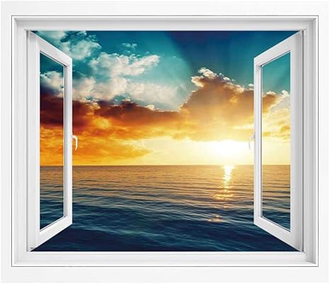 Amazon 海 Pvc絵画風 壁紙ポスター 100x70 Cm 風光明媚な牧歌的な水生ビューの朝の絵 壁紙ポスター ステッカー ターコイズ オレンジブルーの雄大な夕日 ウォールステッカー オンライン通販