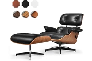 ASUKALE Top Black Grain Leather, Mid Century Chaise Lounge Chair and Ottoman, Reading Chair, Leather Accent Chair, Modern Chair, Classic Design, Heavy Duty Base Support for Living Room Lounge Office, Walnut