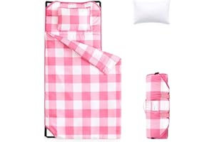 Wake In Cloud - Cot Nap Mat with Pillow and Blanket, for Toddler Kids Boys Girls in Daycare Kindergarten Preschool Pre K with Elastic Corner Straps, Buffalo Check Plaid, Hot Pink White