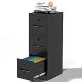 VIYET File Cabinet 3 Drawer with Lock, Vertical Filing Cabinets for Home Office, Metal Steel Storage Cabinet for Letter/Legal Size File, Assembly Required(Black)