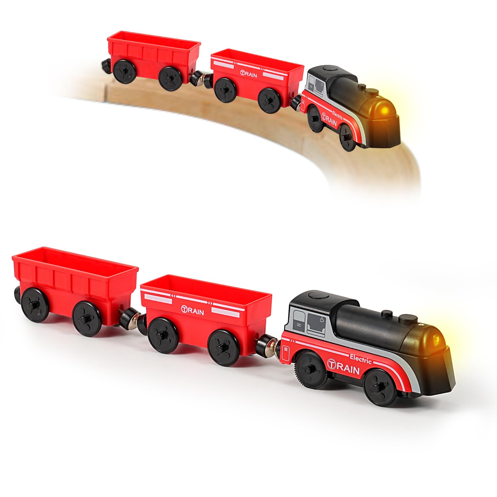 Battery Train for Wooden Track - 3 Pcs Magnetic Battery Operated Light Up Train Toys, Wooden Train Track Accessories for 3 4 5+ Years Old Toddlers Kids Boy Girl Birthday Christmas Halloween(Red)
