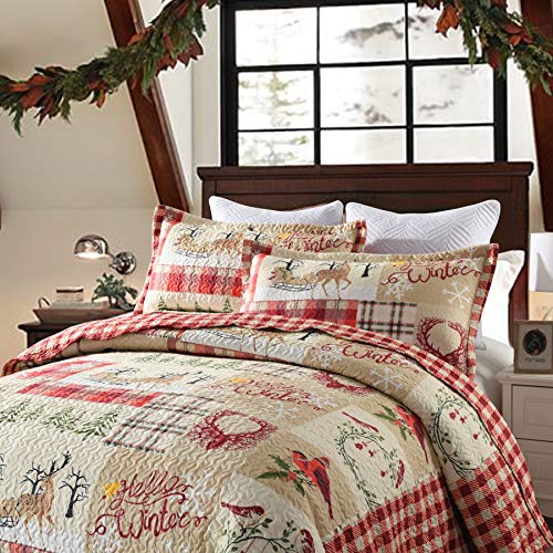 MarCielo 3 Piece Christmas Quilt Set, Rustic Lodge Deer Quilt Bedspread Throw Blanket Lightweight Bedspread Coverlet Comforter Set BY010 (King) - Thumbnail 2