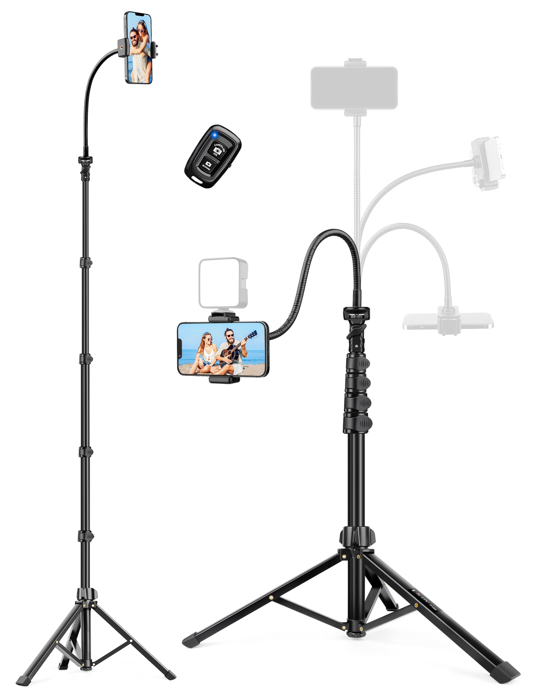 Phone Tripod Stand, 85" Tall Cellphone Tripod for iPhone with Gooseneck Remote, Flexible Portable Phone Stand for Recording, Compatible with iPhone 14 13 12 pro Android Camera