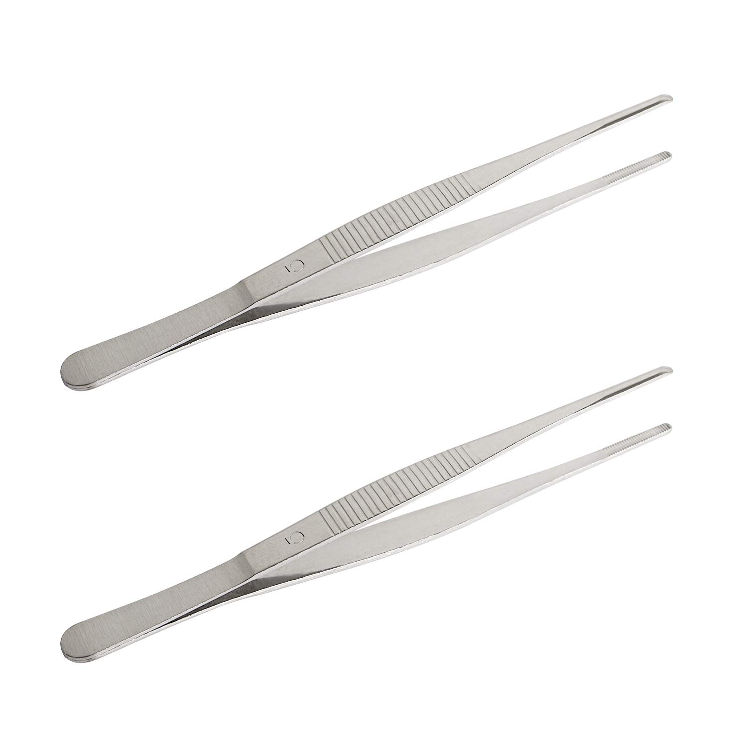 Aoje-Link Stainless Steel Straight Blunt Tweezers, with Precision Horizontal Serrated Tips, Used for Repairs, Barbecues, Auxiliary Tools, Silver, 2pcs