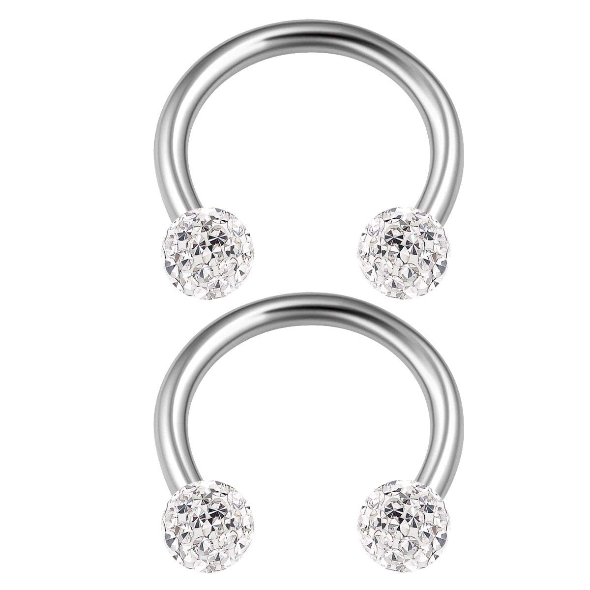 KJM FASHION 2PCS Surgical Steel Horseshoe Earrings 16 gauge 5/16 8mm 3mm Clear Crystal Ball Eyebrow Septum Piercing Jewellery 2145