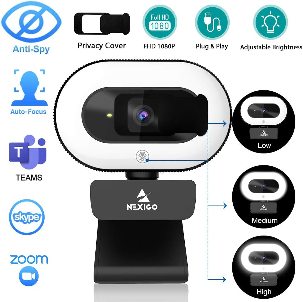 2021 NexiGo StreamCam N930E, 1080P Webcam with Ring Light and Privacy Cover, Auto-Focus, Plug and Play, Web Camera for Online Learning, Zoom Meeting Skype Teams, PC Mac Laptop Desktop Computer: Computers & Accessories