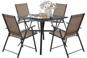 VICLLAX 5 pcs Patio Dining Table and Chairs Set, 4 Outdoor Reclining Folding Sling Chair with Armrest & 1 Square Patio Dining Table with 1.57" Umbrella Hole(Brown/Black)