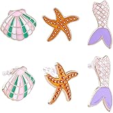 WADORN 3 Pairs Women's Beach Stud Earrings Set, Cute Golden Alloy Starfish Shell Mermaid Earrings Fun Ocean Stud Earrings Set Ocean Theme Summer Beach Jewelry Gift for Party Vacation Everyday Wear