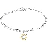 FLYOW Sun/Star and Moon Layered Anklet 925 Sterling Silver for Women Adjustable Beads Ankle Bracelet Boho Beach Foot Chain Charm Jewelry Christmas Birthday Gifts