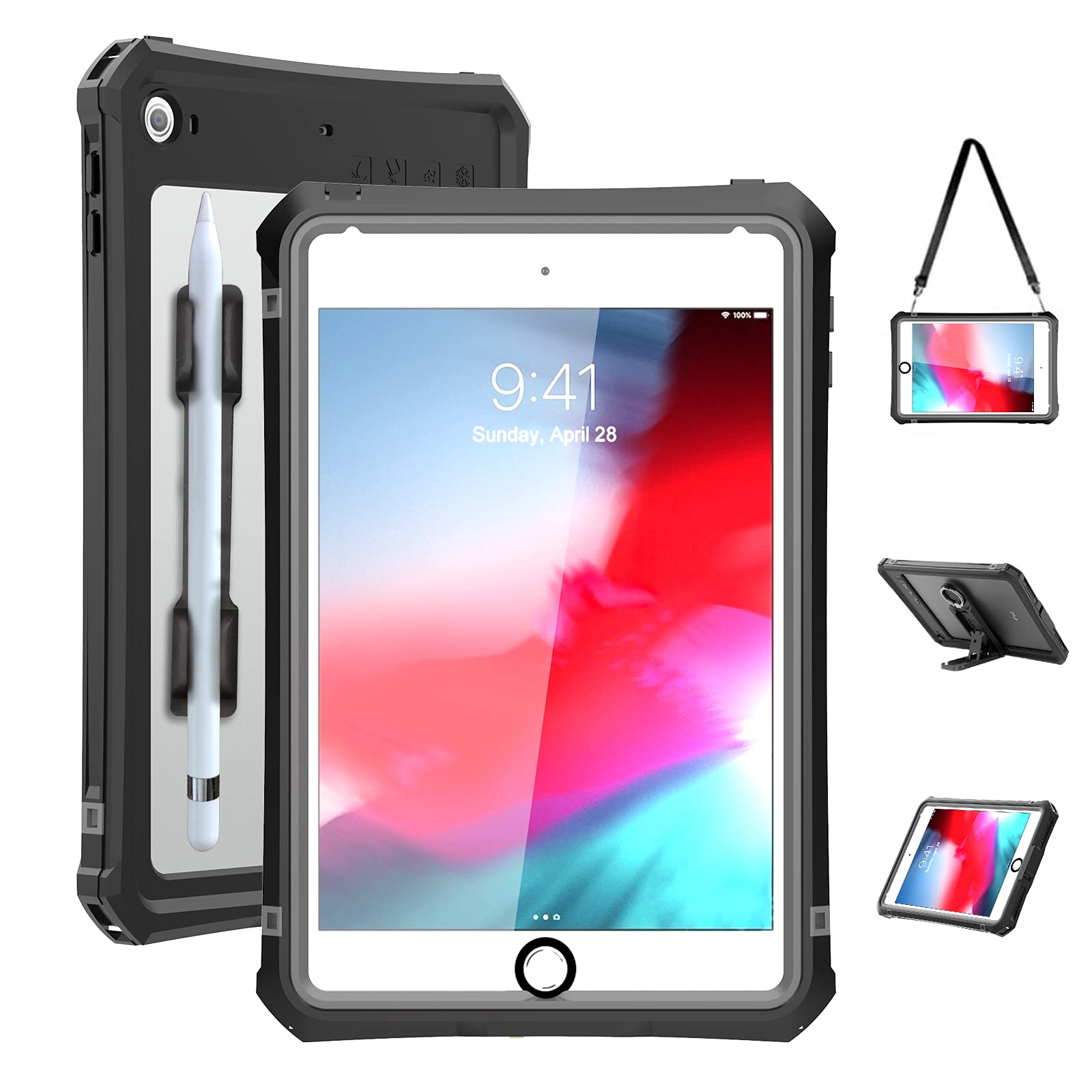 ShellBox Case iPad Mini 4/5 Waterproof Case, Protective Full Body Shockproof Dustproof Cover Case with Adjustable Tablet Stand Built-in Screen Protector for iPad Mini 5/iPad Mini 4 Case(Black) — image 1